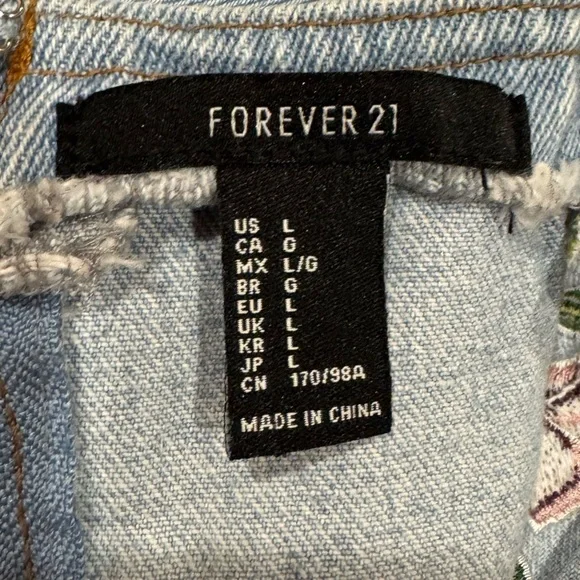Forever 21: Light Blue Denim Floral Embroidered Women Mini Dress Size Large - Picture 8 of 8
